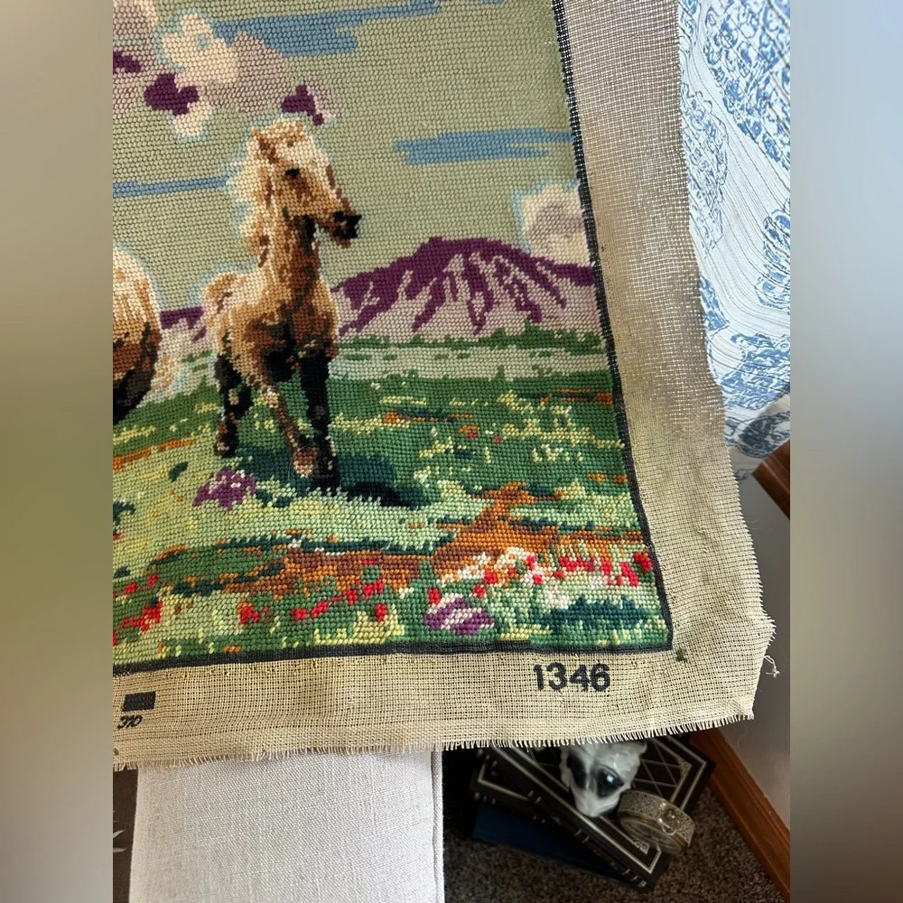 Vintage running wild horses large needlepoint tapestry 18” x 38”